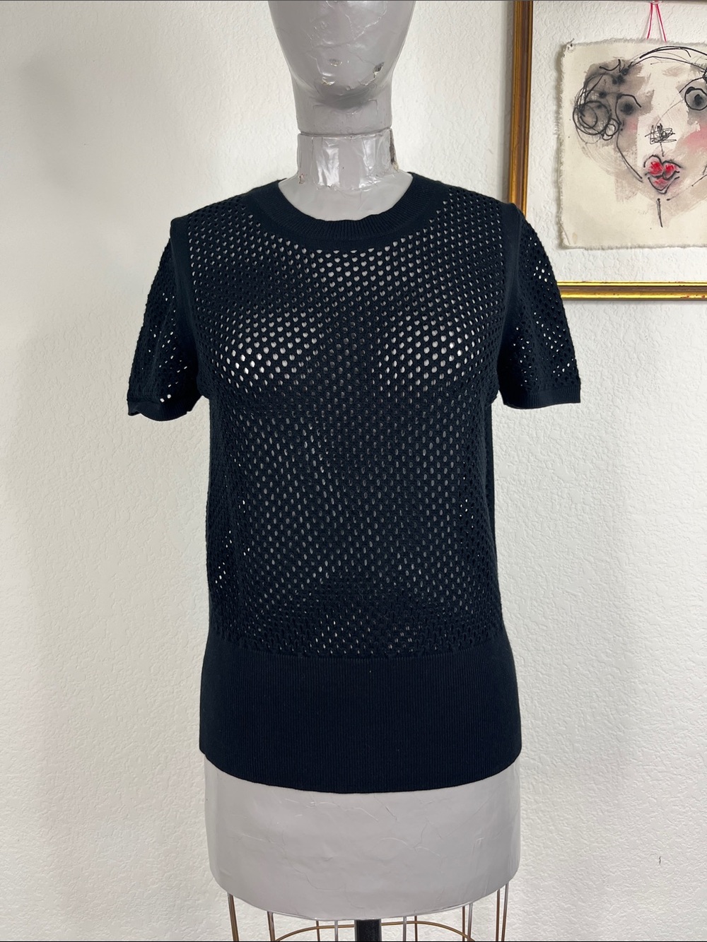 STEFANEL Perforated Open Knit Crochet Short Sleeve Crew Neck Sweater Top